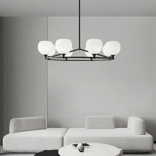 lustre réglable en hauteur avec anneaux en cuivre et verre blanc