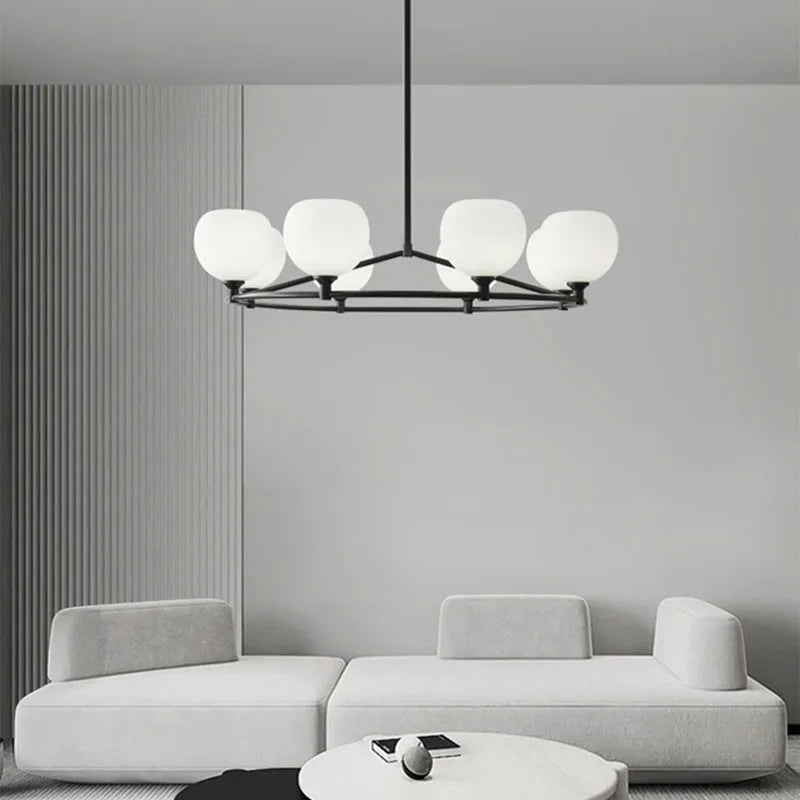 lustre réglable en hauteur avec anneaux en cuivre et verre blanc - vue 3 sur 12