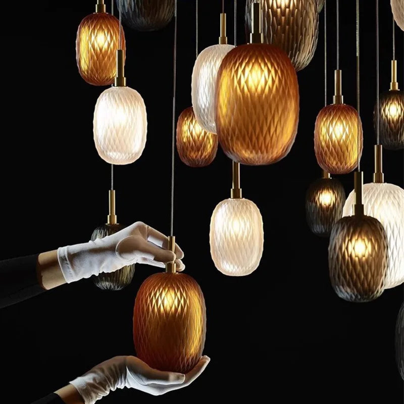 Lampe suspension verre blanc ambre moderne