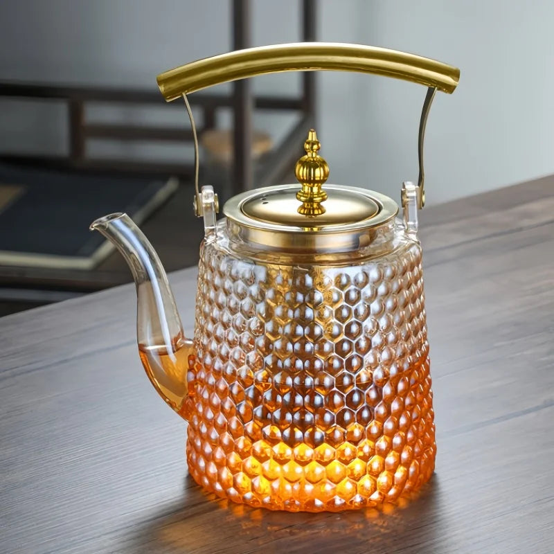 Théière japonaise verre borosilicate rétro poignée cuivre - vue 2 sur 7