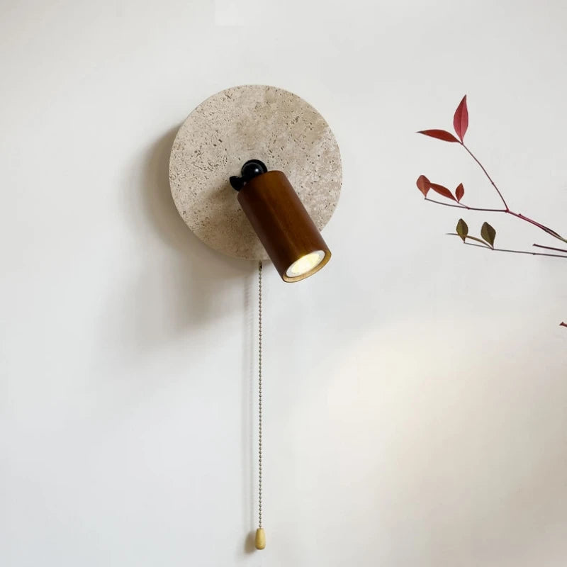 applique murale en pierre et bois avec interrupteur et ampoule ronde - vue 3 sur 10