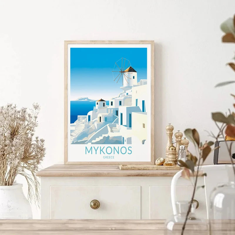 affiche rétro de voyage château et île de santorin art mural décoratif