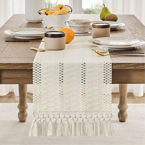Chemin de table macramé bohème ivoire à franges - vue 5 sur 7