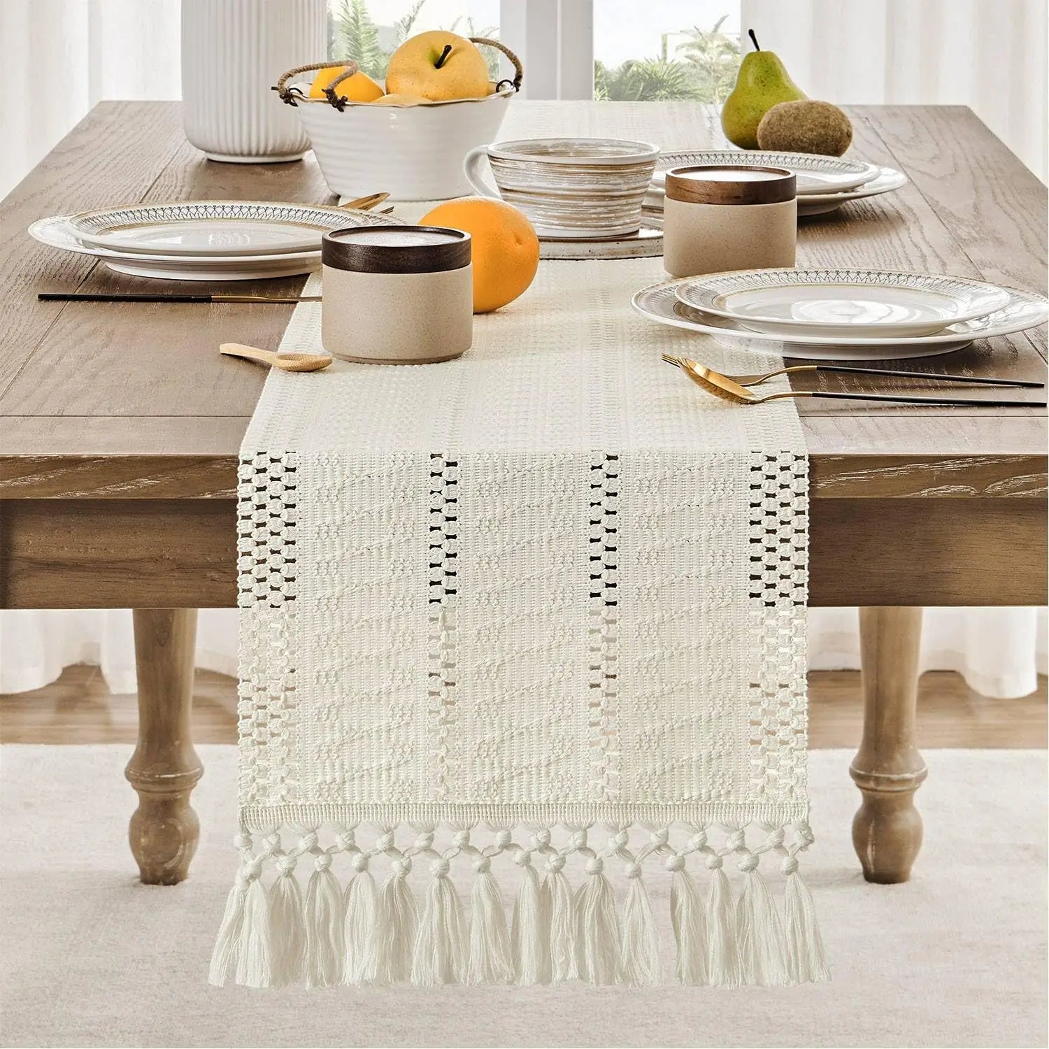 Chemin de table macramé bohème ivoire style campagne - vue 4 sur 7