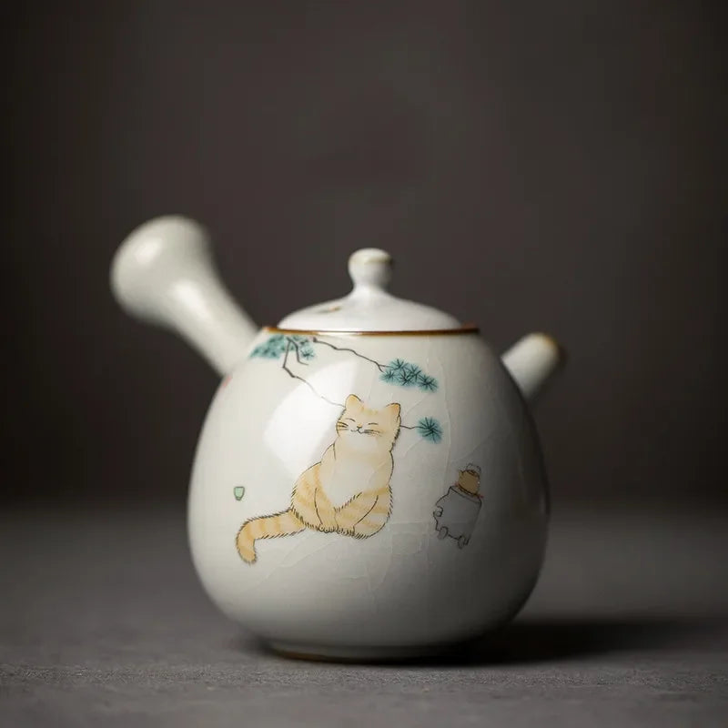 Théière ru kiln céramique motif chat poignée latérale