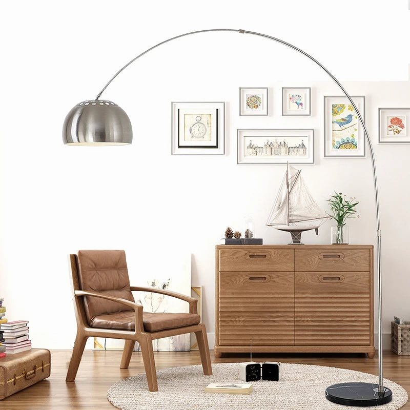 Lampadaire en marbre nordique pliant Arc rotatif argent lampadaires d'étude pour salon chambre déco éclairage lampadaire en bois - vue 4 sur 10