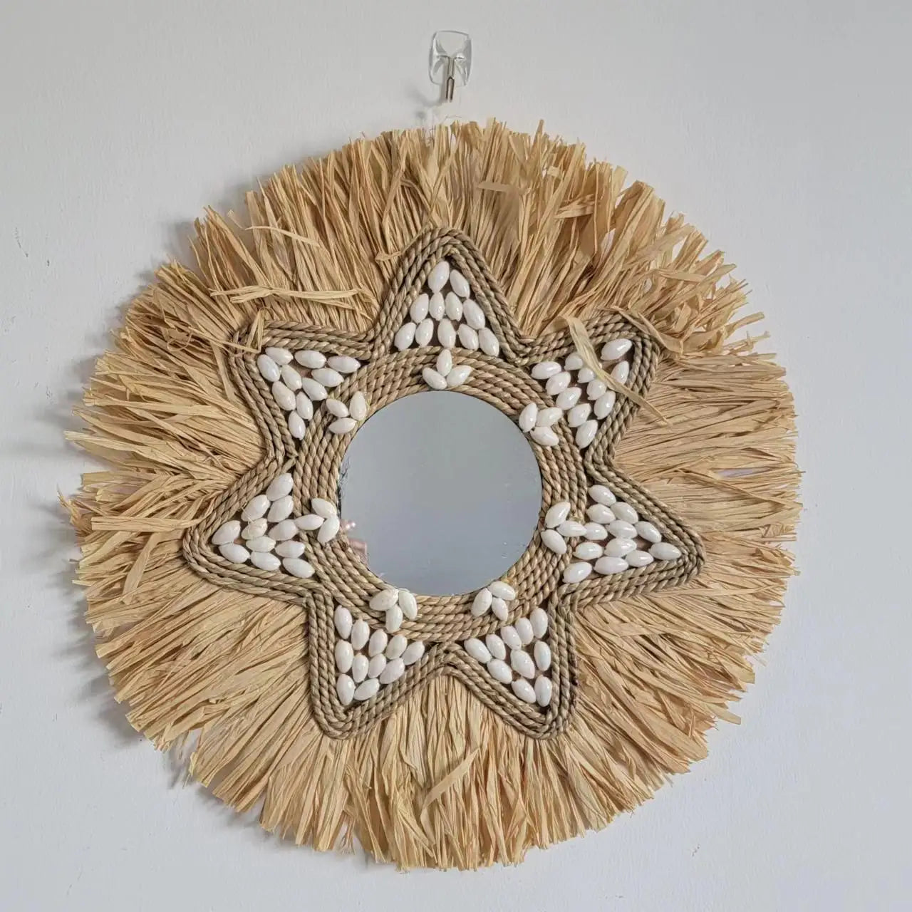 miroir décoratif en raphia et coquillages pour décoration murale - vue 3 sur 5