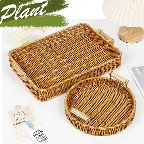 plateau de rangement en rotin tissé avec poignées en bois - vue 3 sur 11