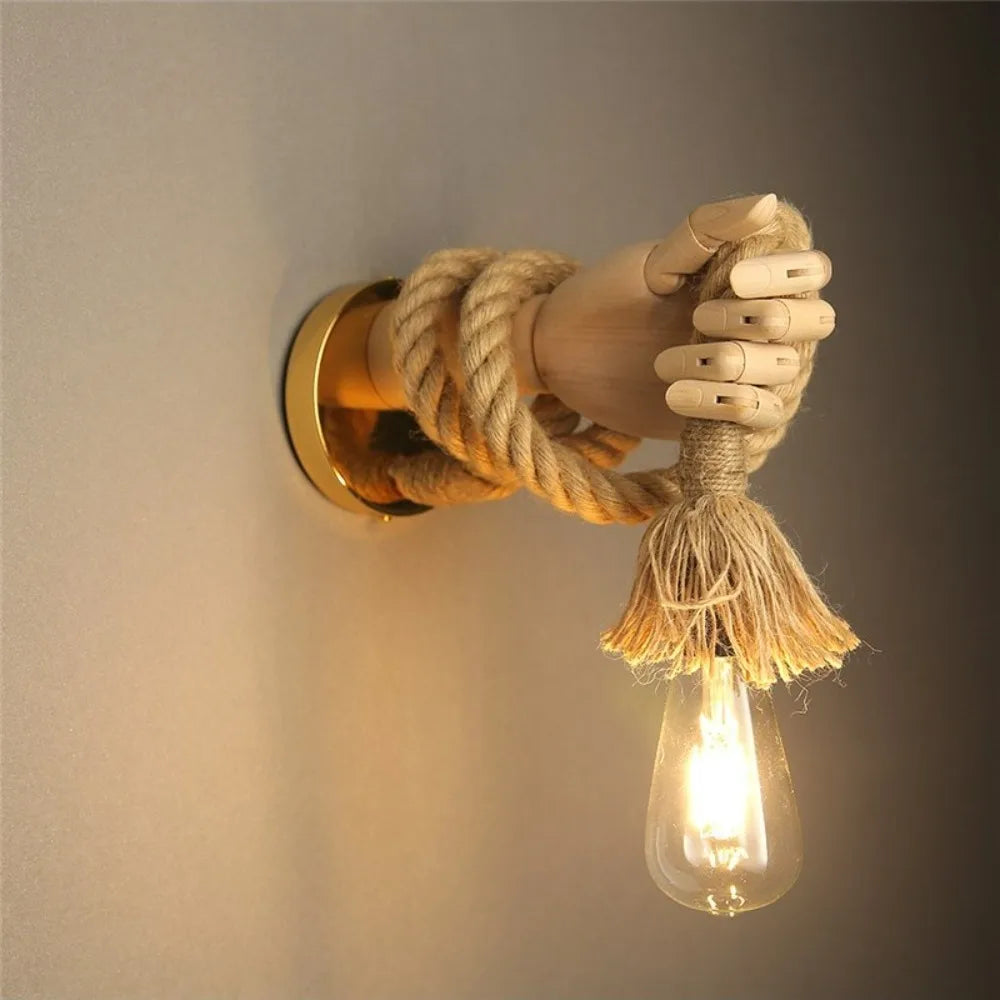 Rétro industriel Loft chanvre corde appliques créative main forme applique murale couloir allée Bar Restaurant E27 lampe de décoration murale - vue 3 sur 8