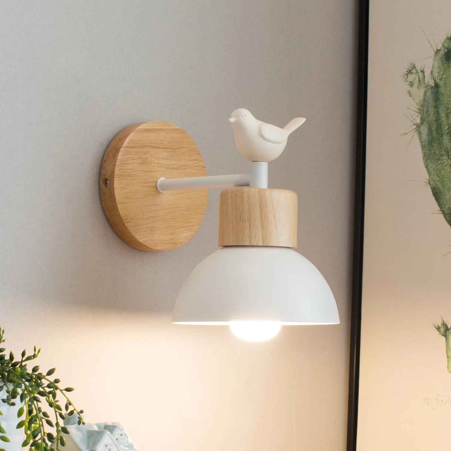 applique murale nordique en bois avec interrupteur décoratif oiseau - vue 2 sur 16