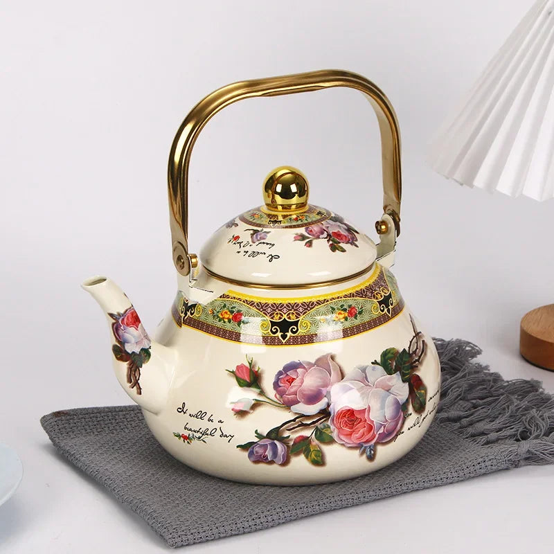 Bouilloire email vintage florale poignée dorée 1 5l - vue 2 sur 5