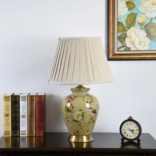 lampe de bureau nordique en céramique motif fleur et oiseau - vue 4 sur 9
