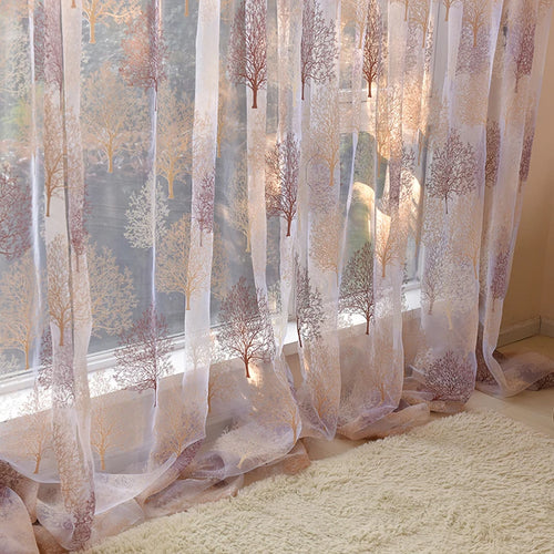 Voilage tulle motif feuillage style japonais pour salon