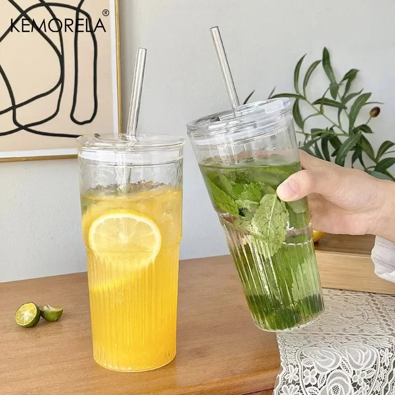 Gobelet verre rayé 600 ml avec couvercle paille - vue 2 sur 8