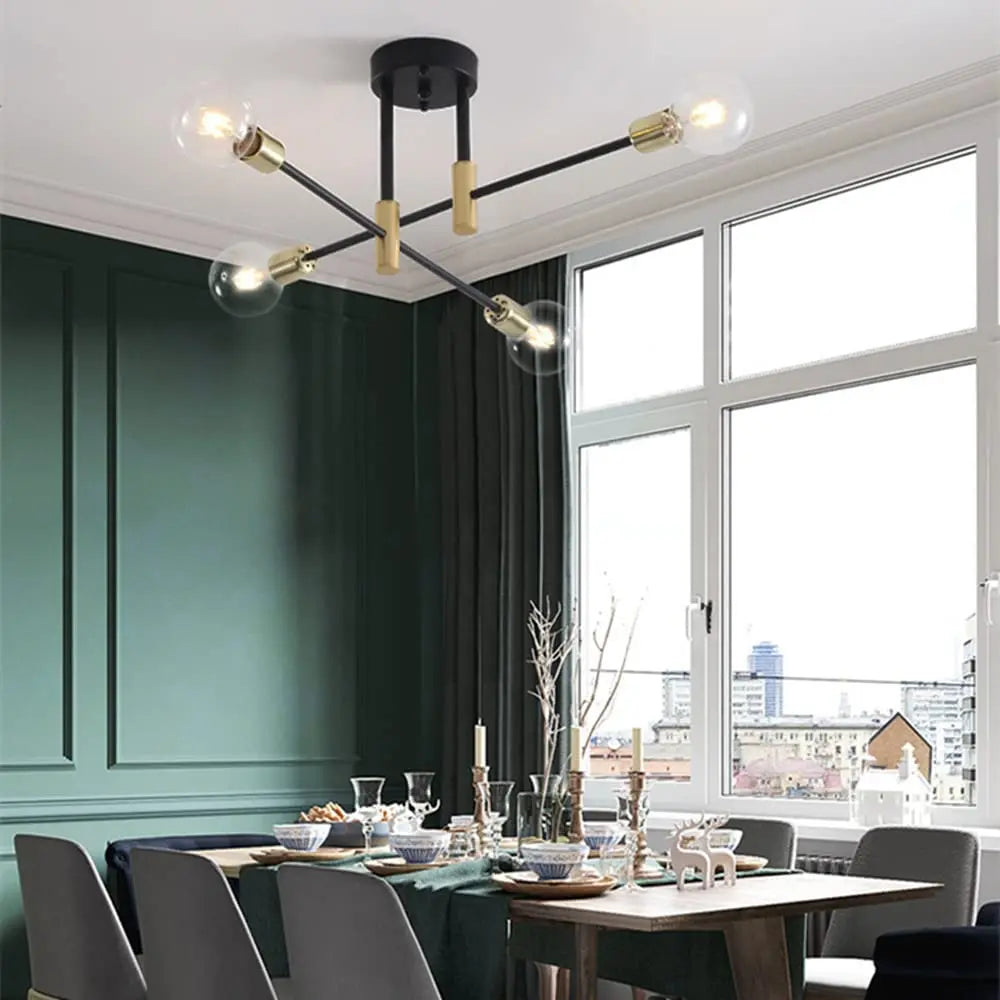 plafonnier rétro en fer forgé LED noir et or E27 lumière salon barre décoration moderne luminaire maison - vue 5 sur 19