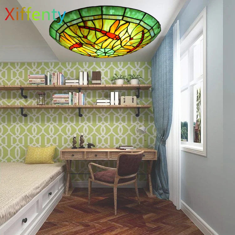 Plafonnier rond ultra-mince balcon couloir lampe de chambre à coucher pour enfants propriétaire Tiffany vitrail éclairage de décoration de la maison
