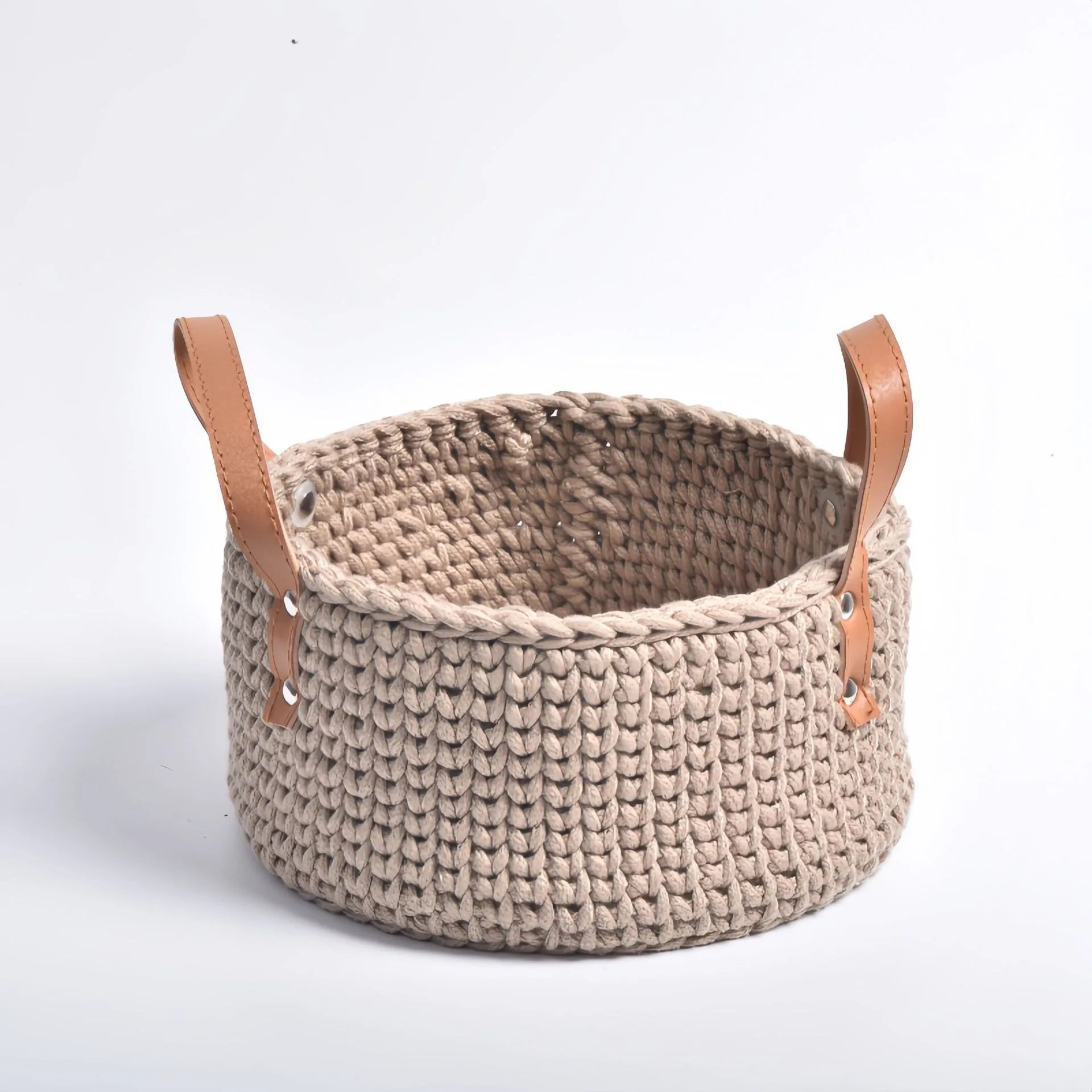 panier de rangement tricoté à la main en coton avec poignée en cuir - vue 10 sur 16