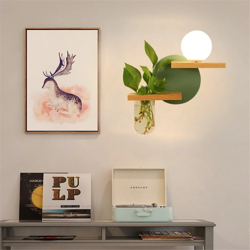 applique murale led en bois avec pot de plante nordique