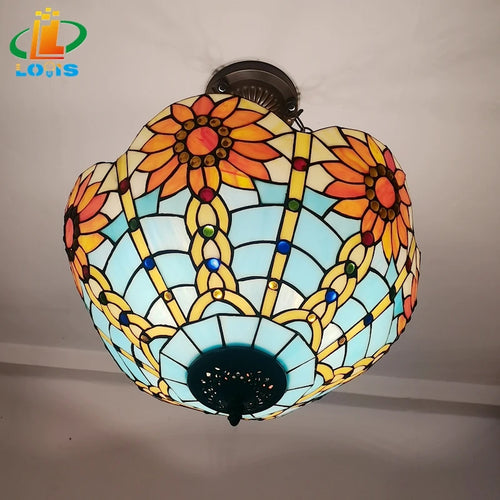 lustre inversé style tiffany en verre antique pour décoration intérieure - vue 5 sur 6