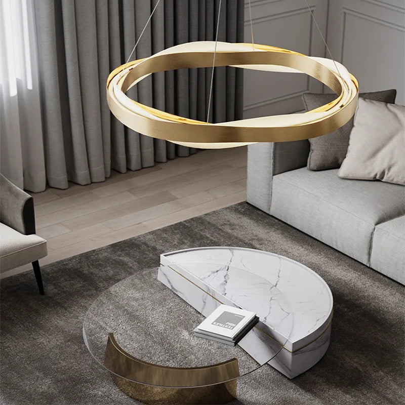 lustre led moderne anneaux brossés en cristal - vue 5 sur 12