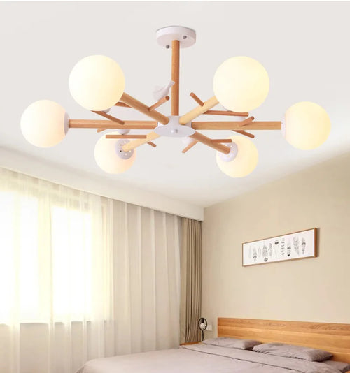lustre en bois naturel avec abat-jour en verre moderne