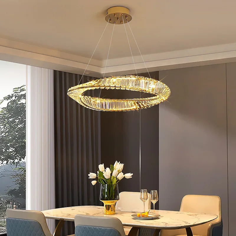 lustre moderne en cristal led avec anneau en acier décoratif - vue 6 sur 13