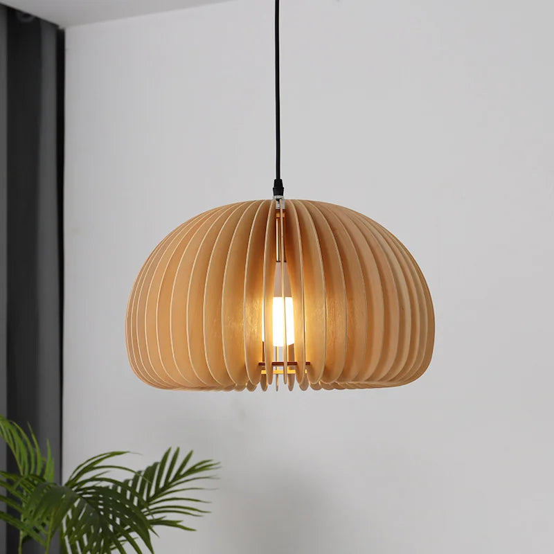 lustre en bois japonais style nordique rétro citrouille pour intérieur - vue 5 sur 11