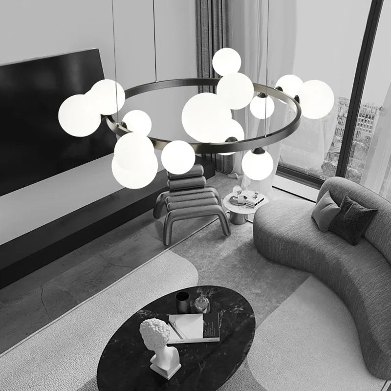 suspension moderne à anneau en laiton et verre blanc - vue 3 sur 10