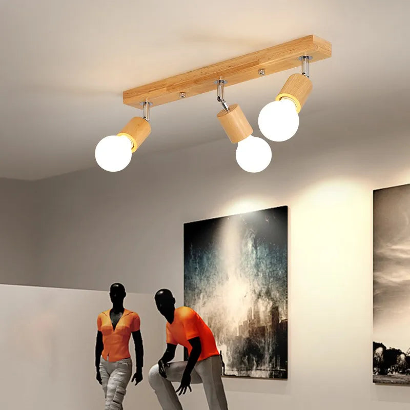 Plafonnier avec spots Projecteur de style nordique LED couloir salle à manger japonais en bois massif - vue 4 sur 6