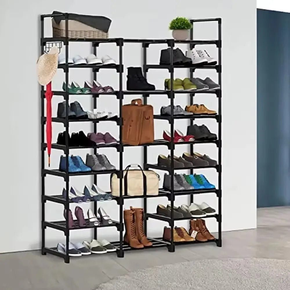 étagère à chaussures en métal avec porte-manteau et crochets intégrés - vue 4 sur 9