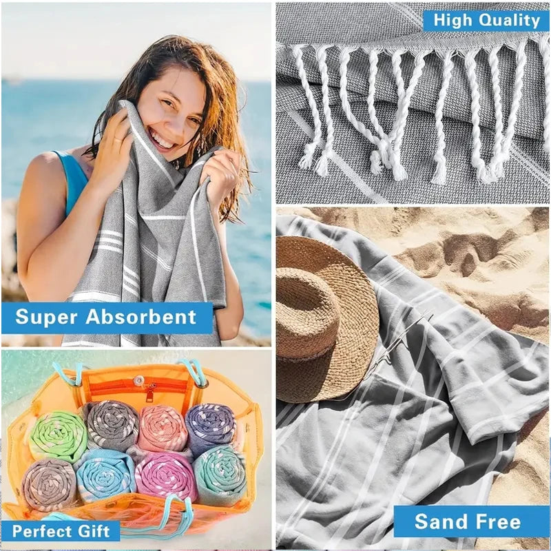 serviette de plage turque coton franges sechage rapide - vue 6 sur 7