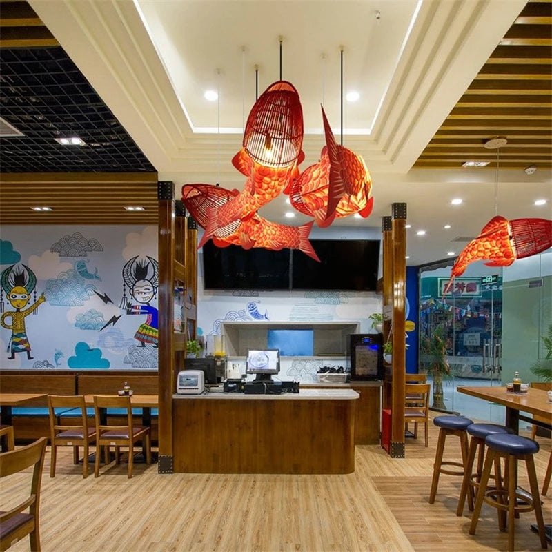 suspension Moderne en bois gros poisson lumières style chinois bambou créatif restaurant