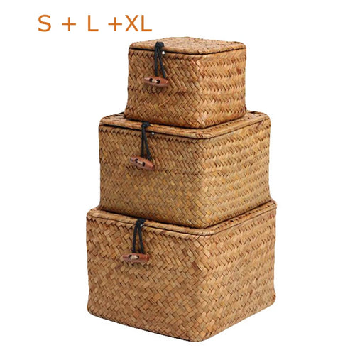 panier de rangement en algues tissé à la main avec couvercle