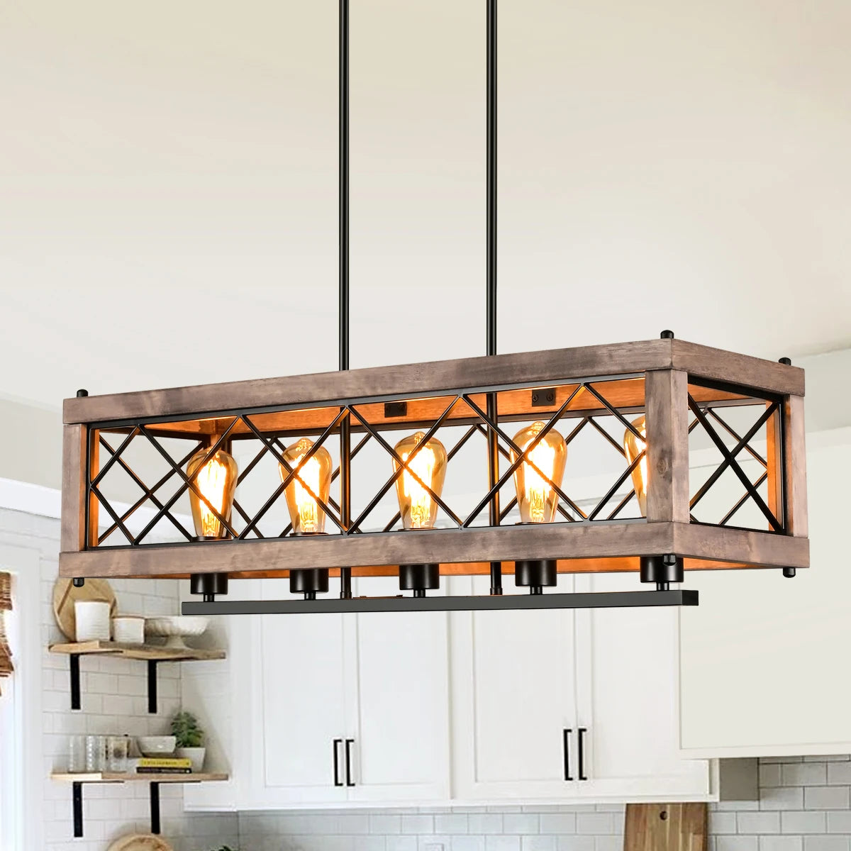Lustre rustique en métal et bois - vue 3 sur 7