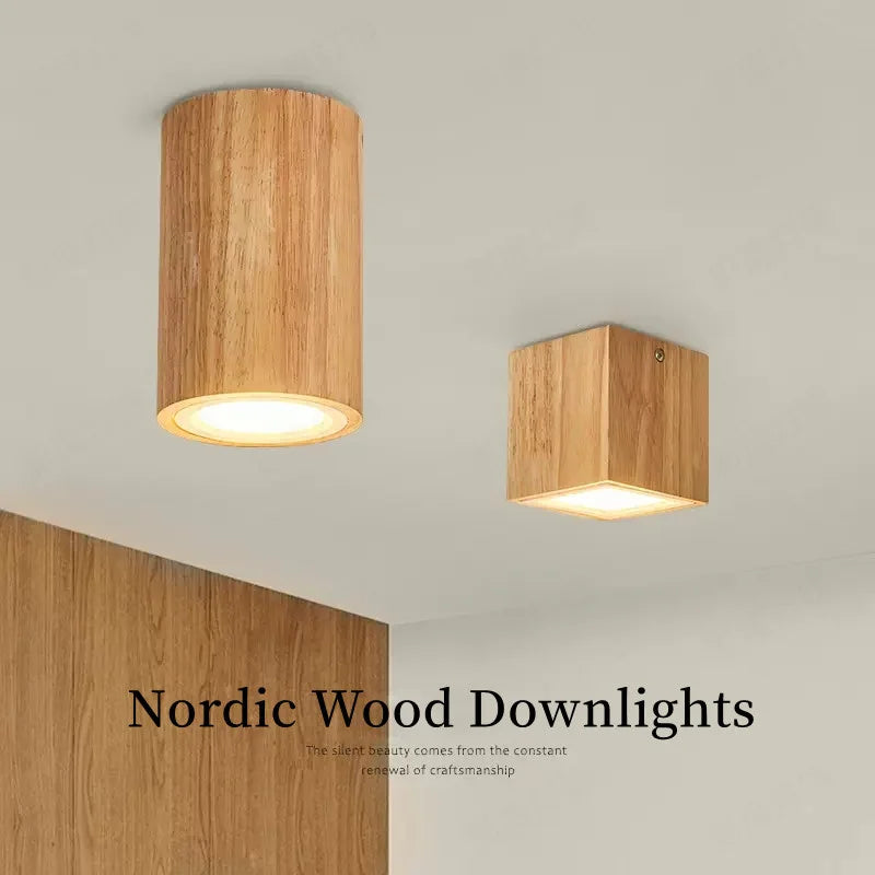 plafonnier led moderne carré en bois nordique downlight - vue 2 sur 12