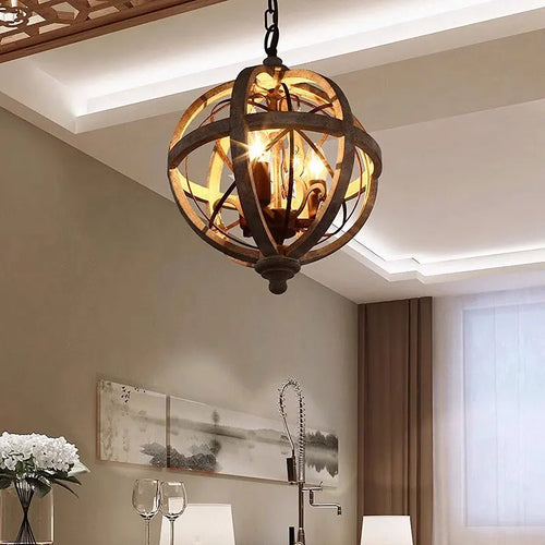 lustre en bois style campagne américaine avec détails en cristal