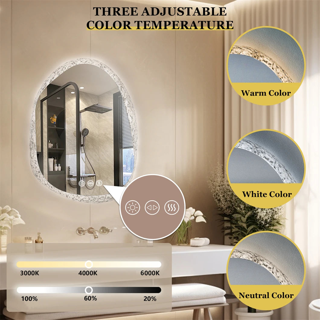 miroir à led irrégulier avec cadre en verre rétroéclairé réglage 3 couleurs - vue 6 sur 9