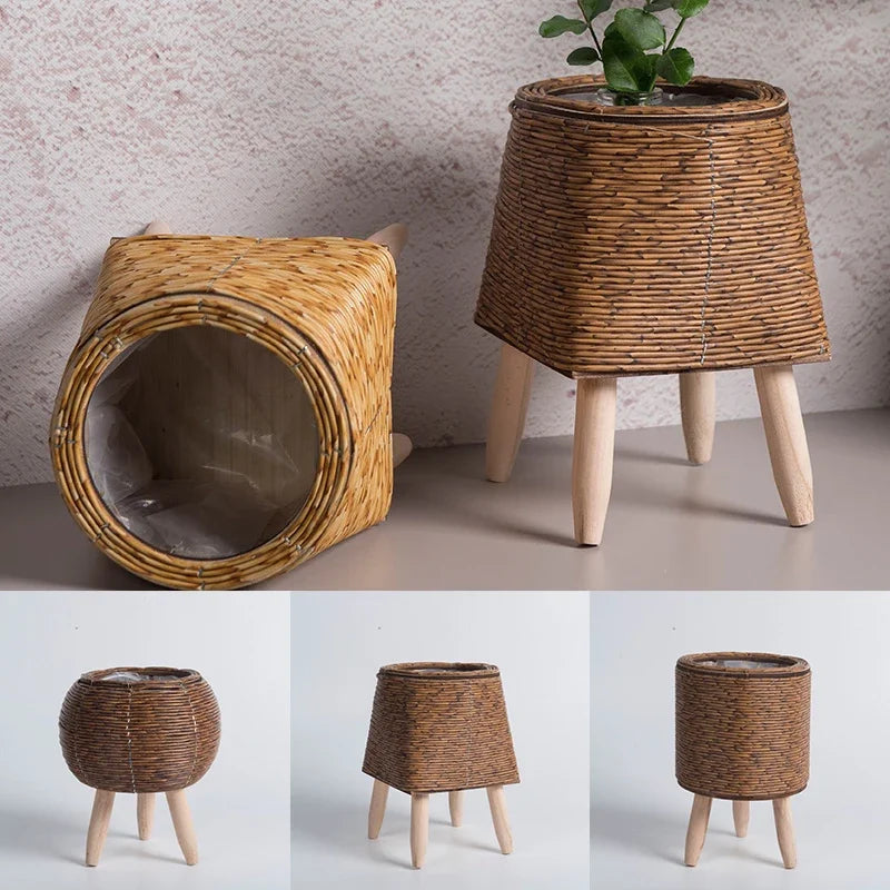 étagère à fleurs nordique imitation rotin avec pieds amovibles - vue 5 sur 12
