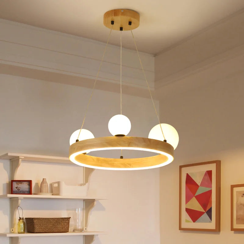 lustre rond moderne en verre et bois pour décoration intérieure - vue 4 sur 8