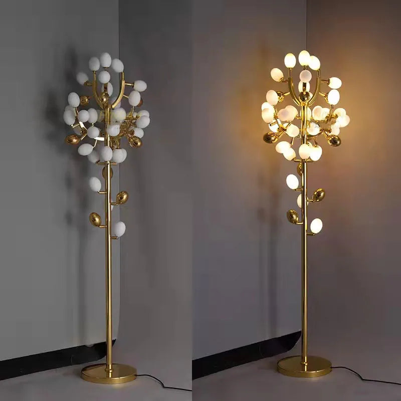 Nordic modern grape design LED floor lamp, gold G9 bulb, dining room, bedroom, sofa, white glass, home decoration floor lamp - vue 4 sur 7