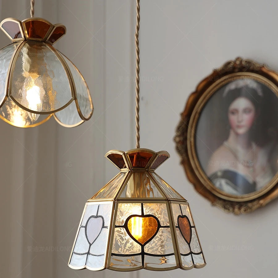 Suspension vintage en cuivre avec abat-jour en verre fait main - vue 5 sur 21