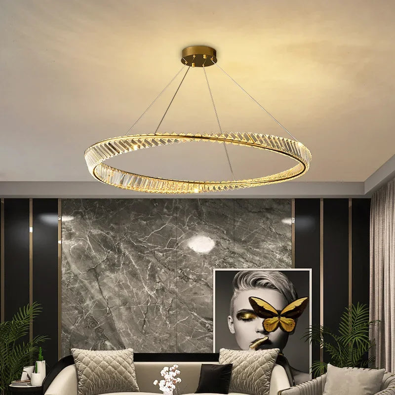lustre moderne en cristal led avec anneau en acier décoratif - vue 3 sur 13