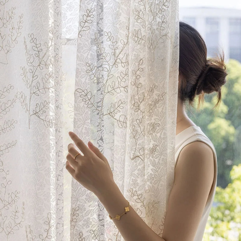 Voilage tulle brodé motifs feuilles pour salon chambre