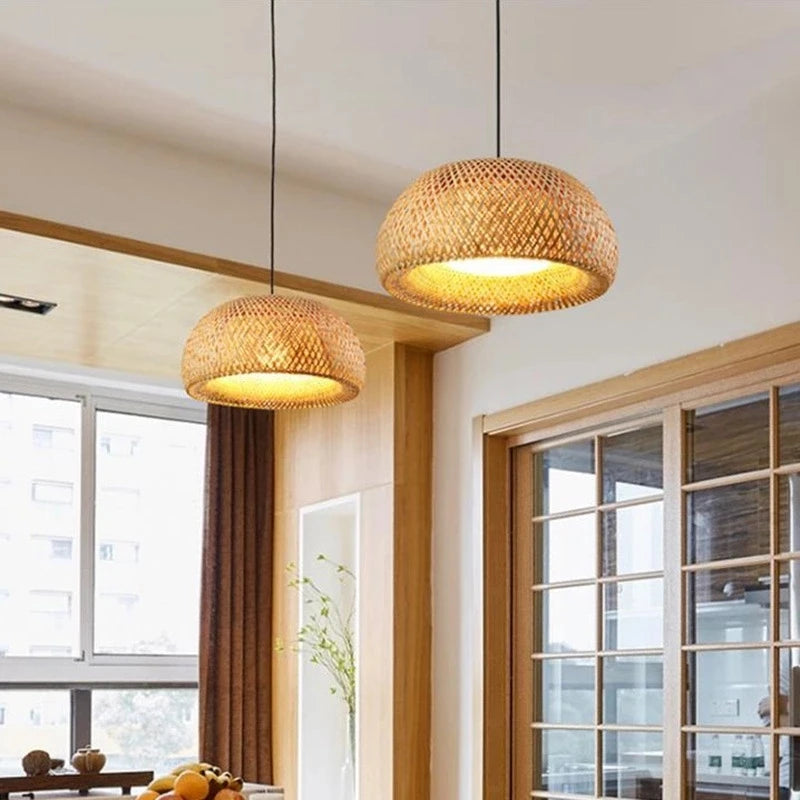 Suspension en bambou tissé à la main rétro salle à manger lanterne lustre E27 jardin maison chambre luminaires décoratifs suspension - vue 11 sur 14