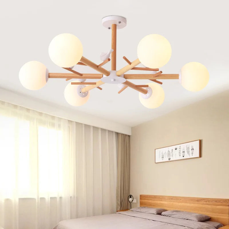 lustre en bois naturel avec abat-jour en verre moderne - vue 3 sur 9