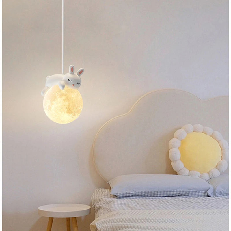 Suspension ours chevet enfant 3d lune lapin blanc veilleuse - vue 4 sur 10
