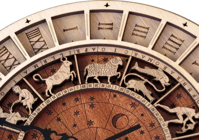 horloge en bois avec signes du zodiaque et constellations art déco - vue 4 sur 7