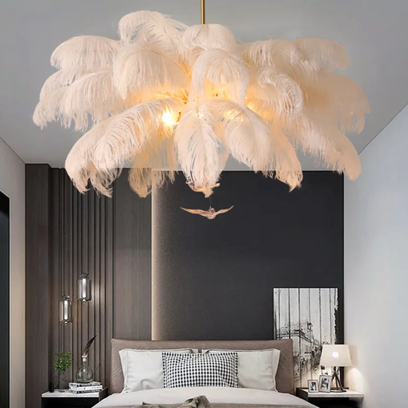lustre led autruche plume sandyha luxe luminaire suspendu - vue 4 sur 13
