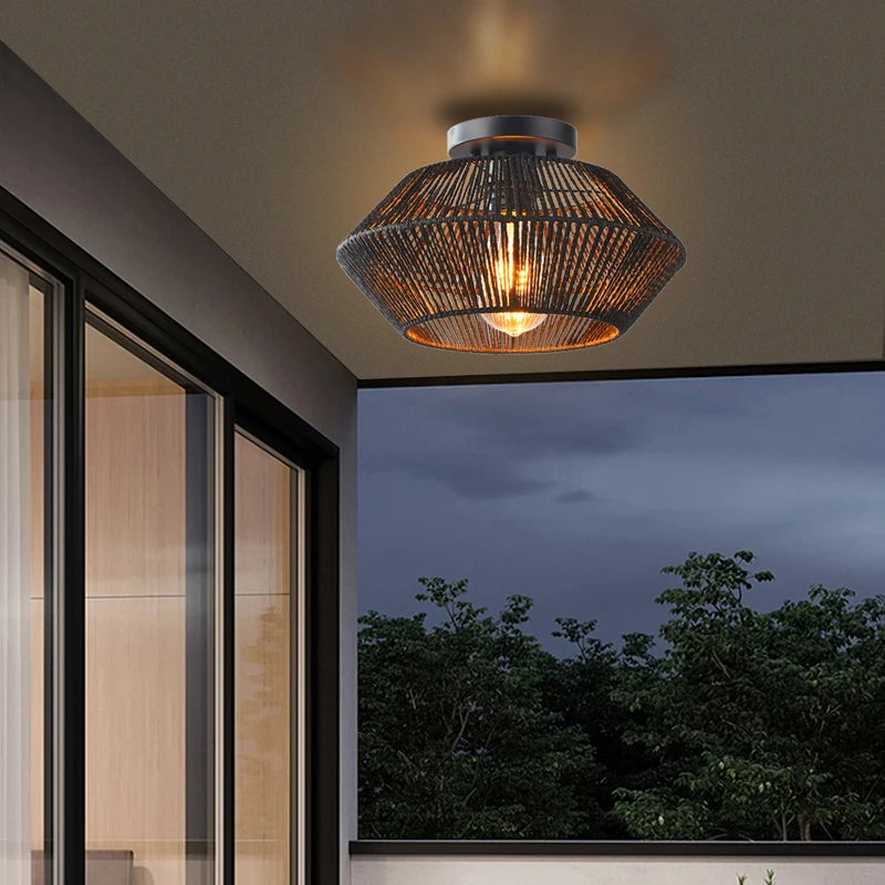 Plafonnier tissé de vigne rétro noir lampe tissée couloir silencieux chambre plafonnier tissé de vigne