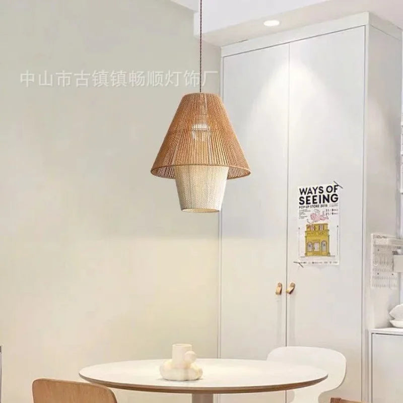 Rétro créatif corde de chanvre rotin chambres d'hôtes lampes Style silencieux rotin lampe de Table à manger Simple auberge salon lustre - vue 4 sur 9